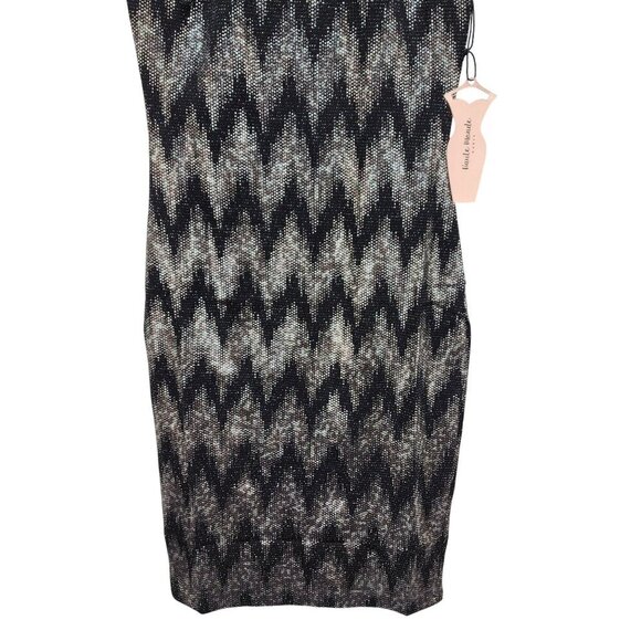 Chevron Print Bodycon Mini Dress Halter Neck Keyhole Back Haute Black Silver M - Picture 8 of 10